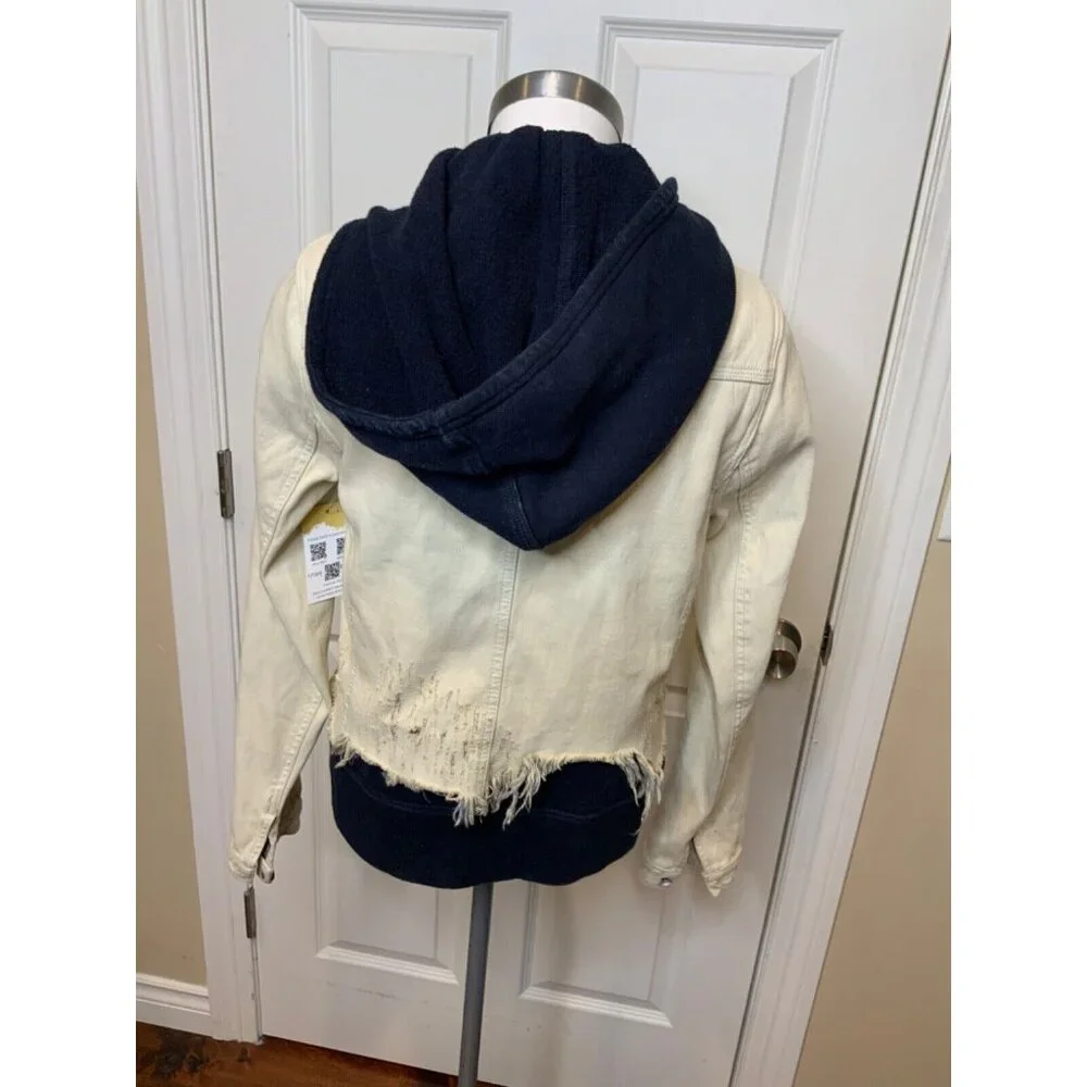 Free People Bleached White Denim Combo Hoodie Jean Jacket, Size Small - Picture 4 of 6
